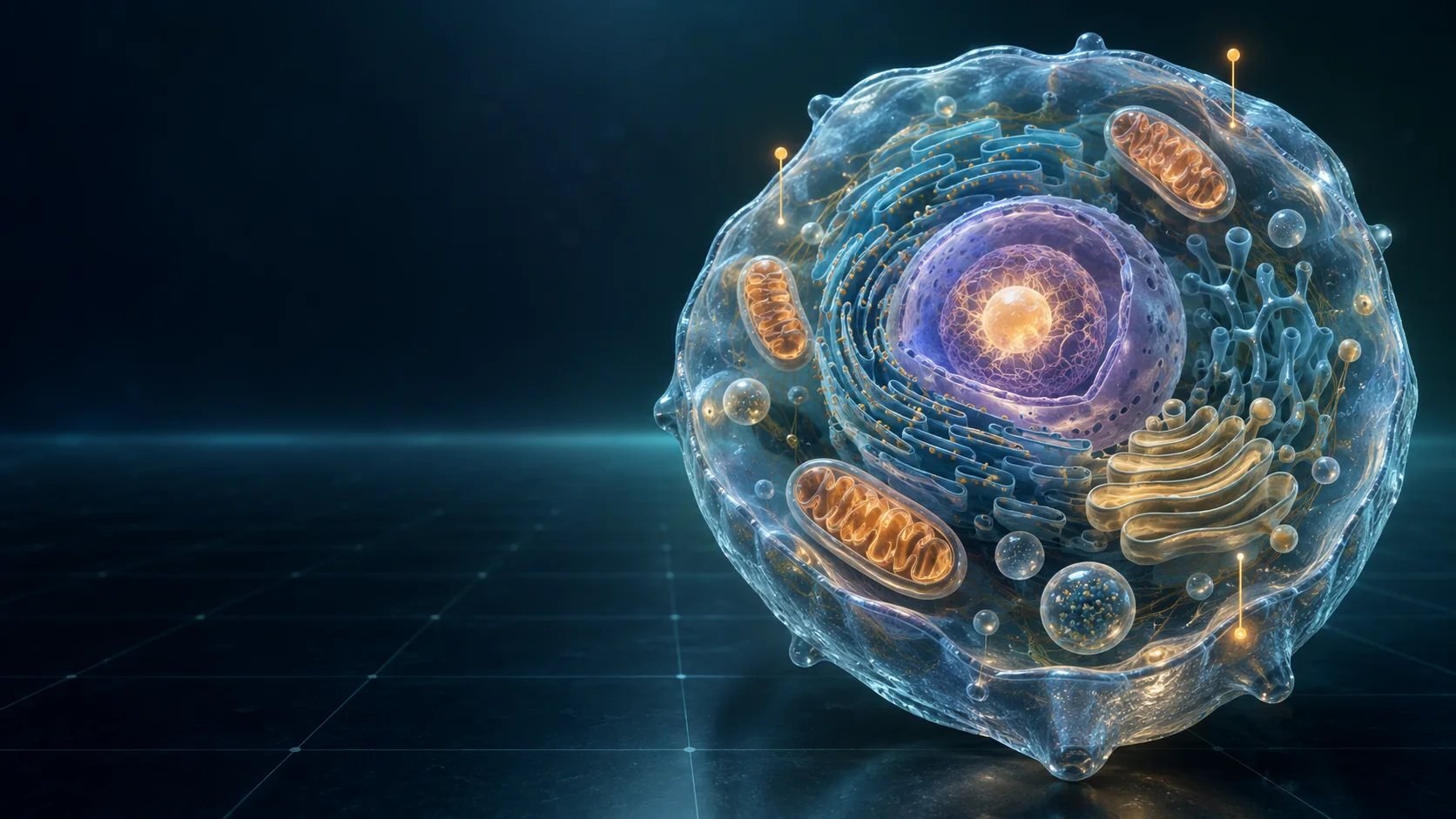 Glowing cutaway animal cell with highlighted organelles